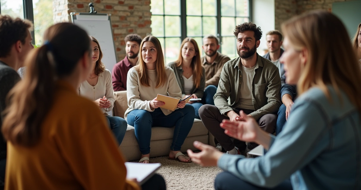 Grupo diverso de pessoas conversando em círculo em ambiente comunitário.