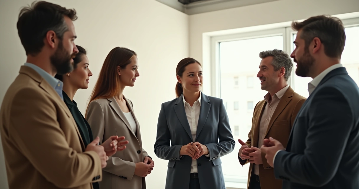 Grupo de pessoas dialogando de forma confiante em uma sala