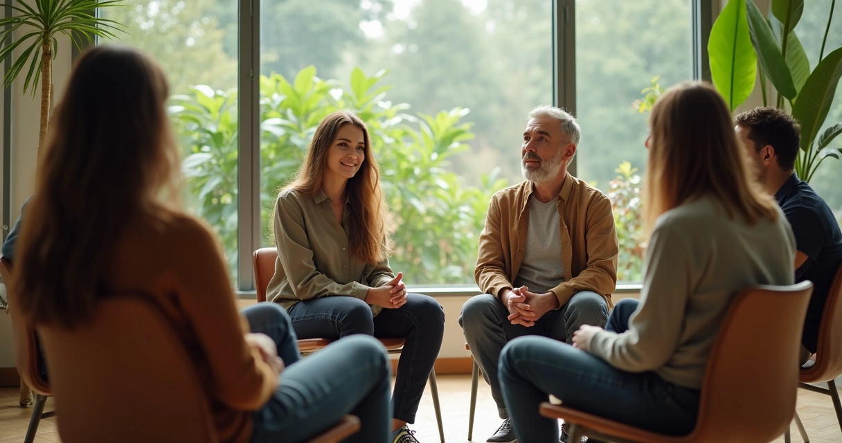 Grupo de pessoas conversando em círculo em ambiente sereno. 