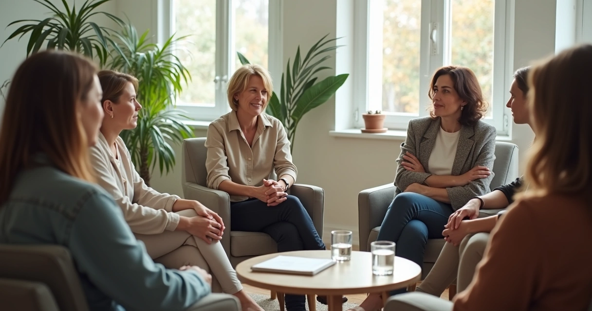 Grupo en conversación serena con atención y escucha mutua 