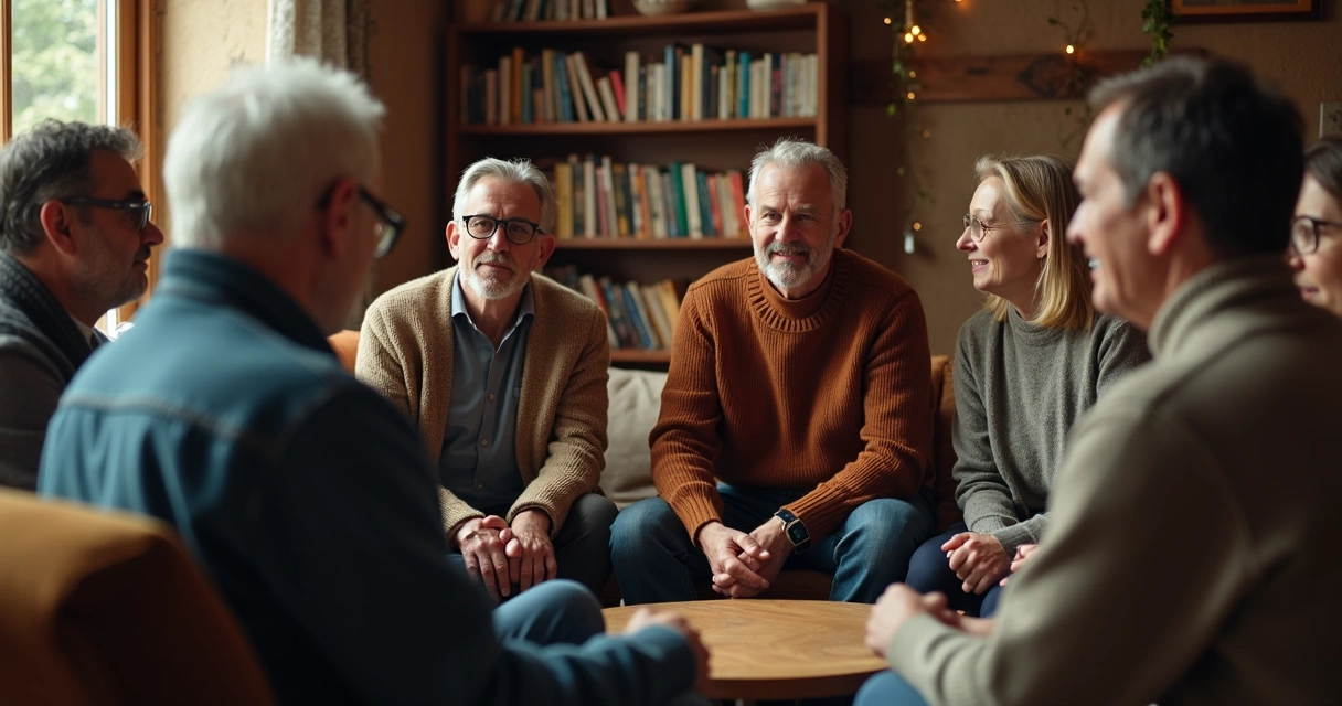 Grupo em roda de diálogo conversando em ambiente aconchegante 