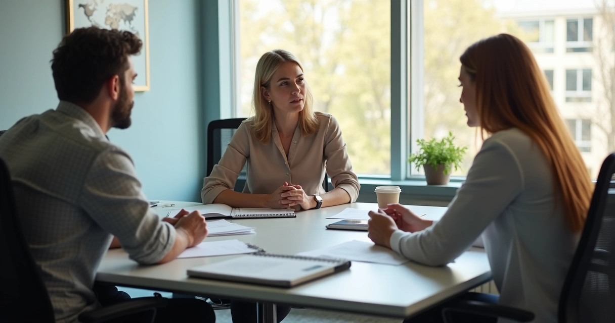Três pessoas sentadas conversando em sala de reunião moderna.