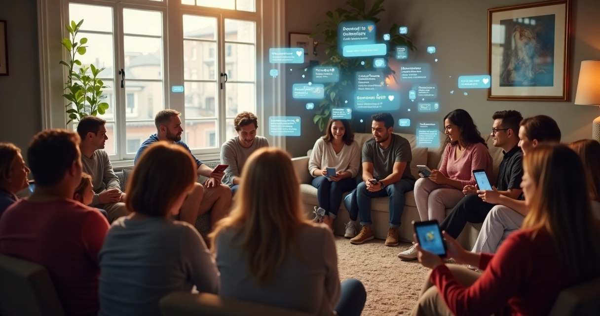 Pessoas em círculo com telas e projeções de dados sociais