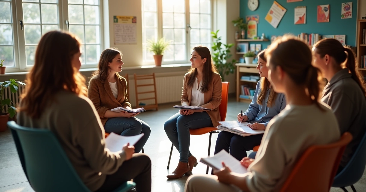 Professores em reunião em círculo discutindo em escola 
