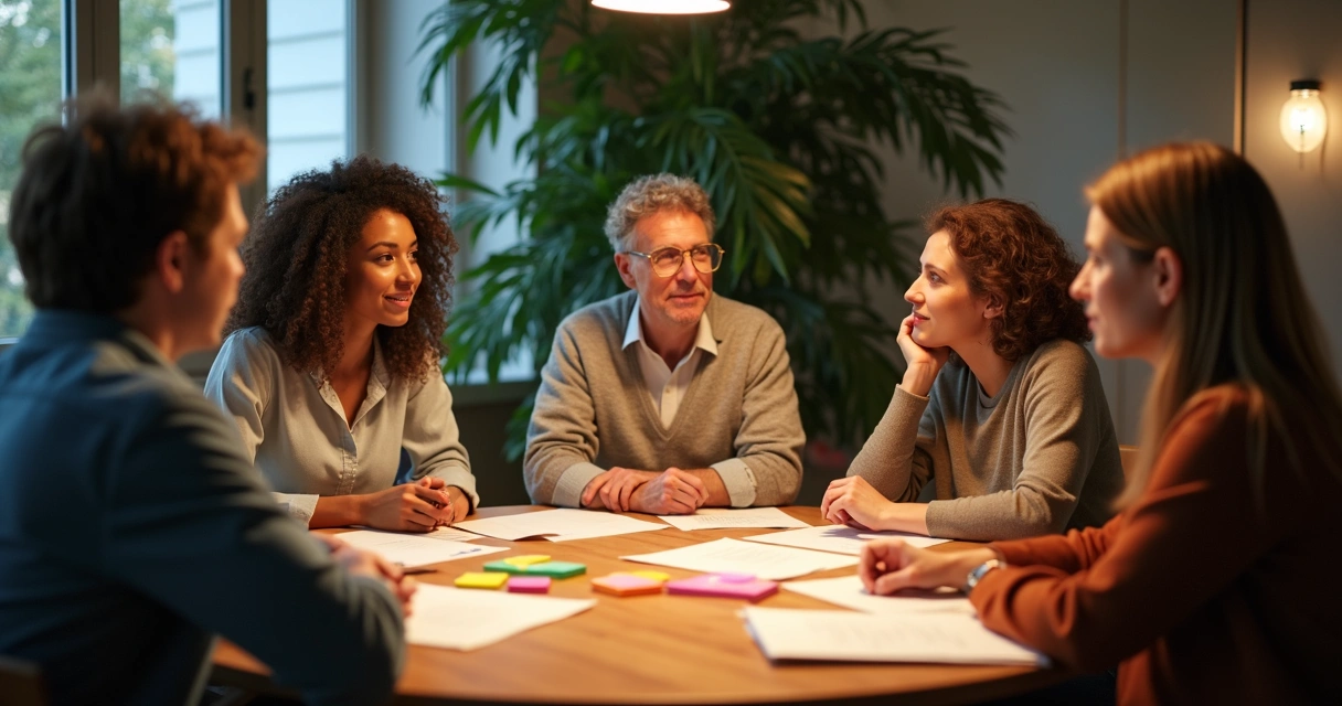 Grupo de personas dialogando sobre ética con notas en la mesa