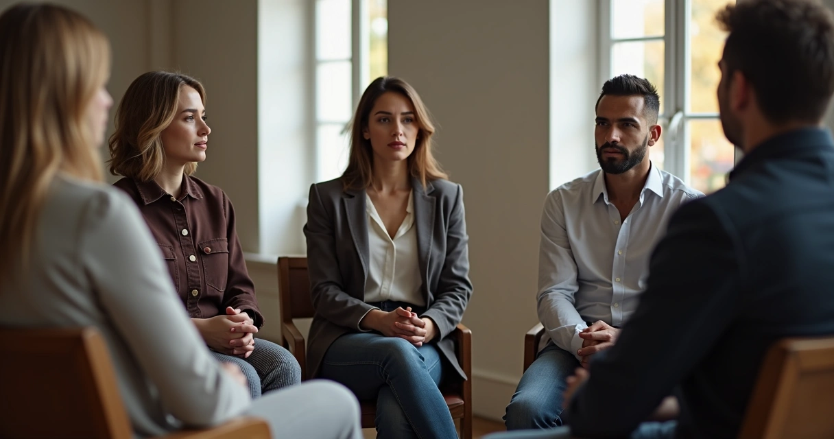 Grupo de personas conversando en círculo, una persona hablando mientras los demás escuchan