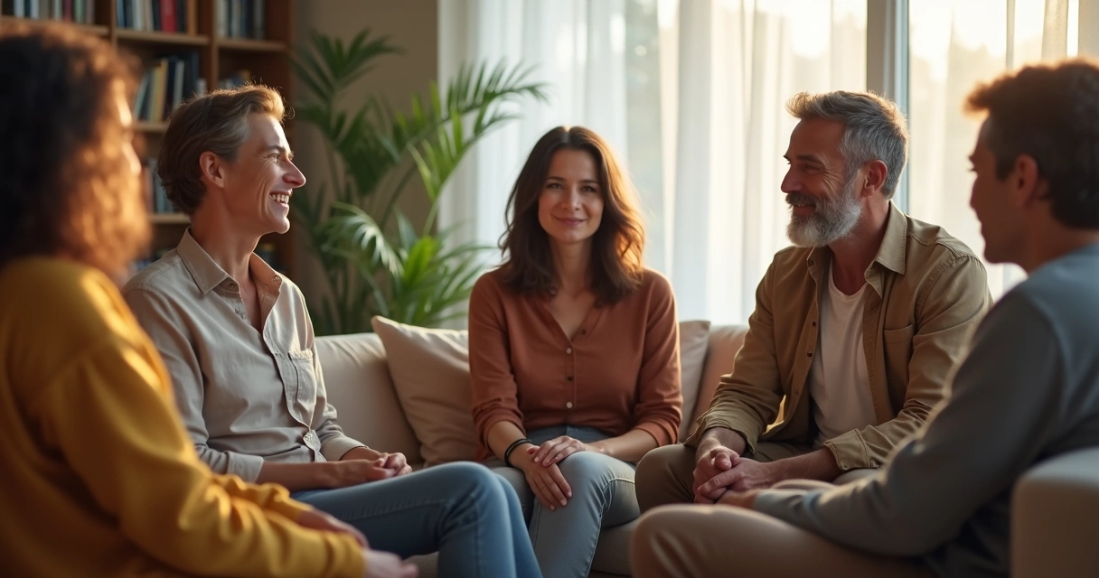 Grupo de amigos e familiares conversando em sala iluminada. 