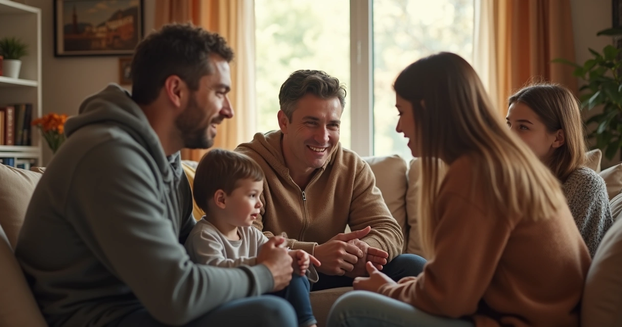 Grupo de família sentados conversando em círculo num ambiente acolhedor 