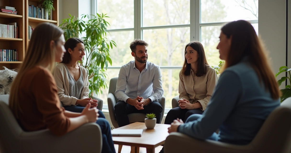 Grupo de pessoas conversando em círculo, em ambiente claro, transmitindo harmonia. 