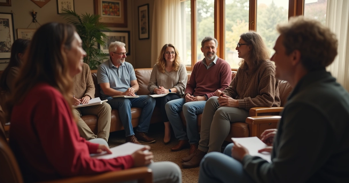 Grupo reunido em círculo em diálogo profundo, ambiente aconchegante 