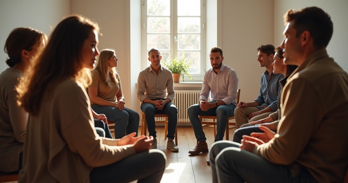 Grupo de pessoas sentadas em círculo praticando escuta atenta e silêncio ativo 