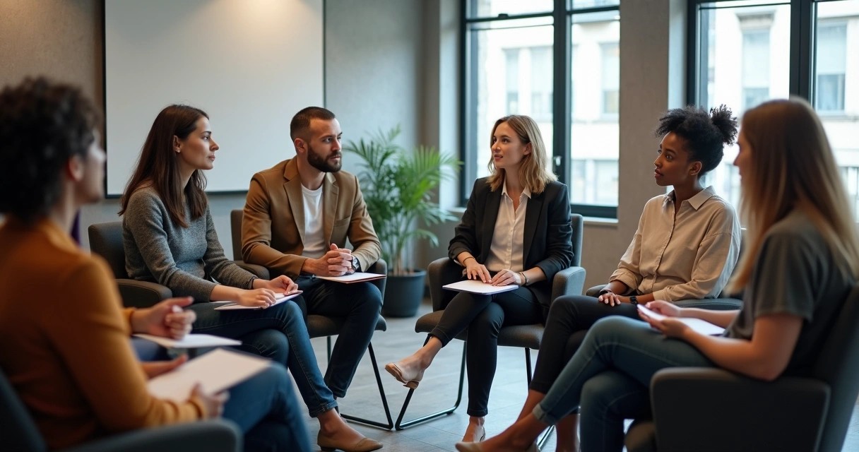 Grupo de pessoas sentadas em círculo dialogando em clima respeitoso e atento 