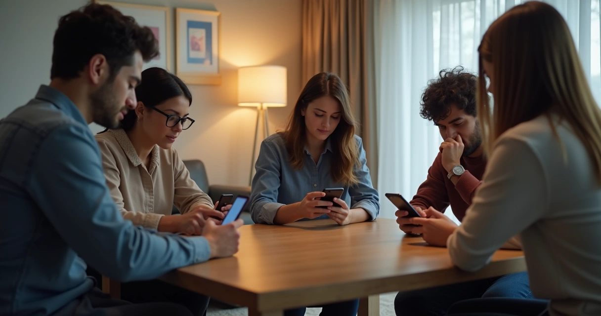 Grupo observando pantallas en una mesa con una persona aislada