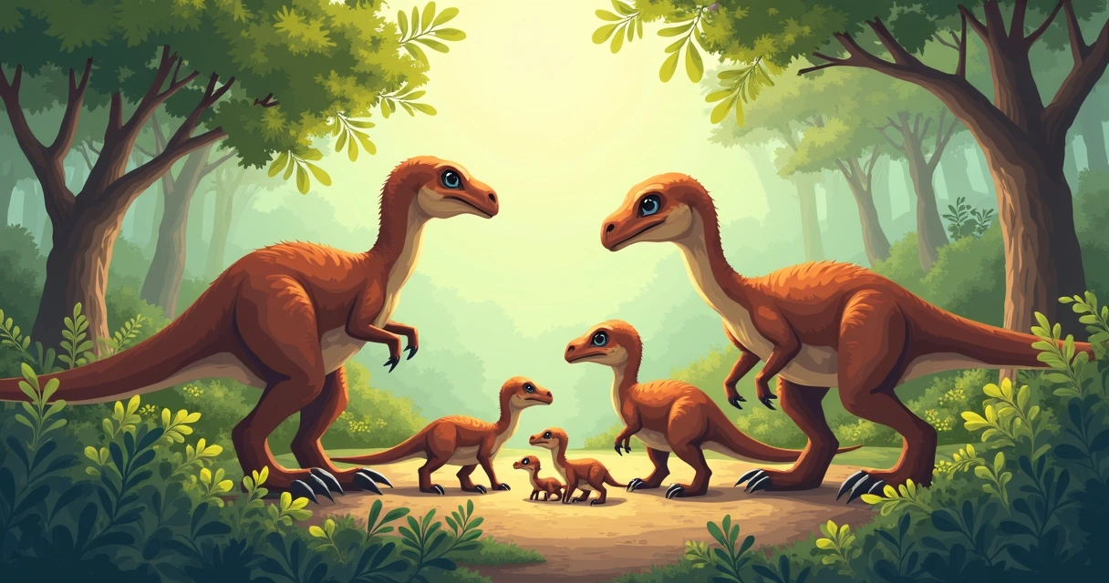 Grupo de dinossauros circulando filhotes em área protegida por vegetação 