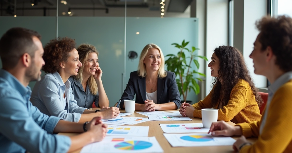Grupo de personas en una mesa discutiendo, con papeles y gráficos 