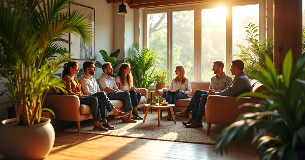 Grupo em discussão em sala com plantas
