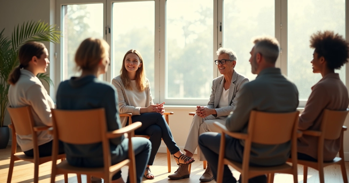 Grupo sentado em círculo debatendo em sala clara 