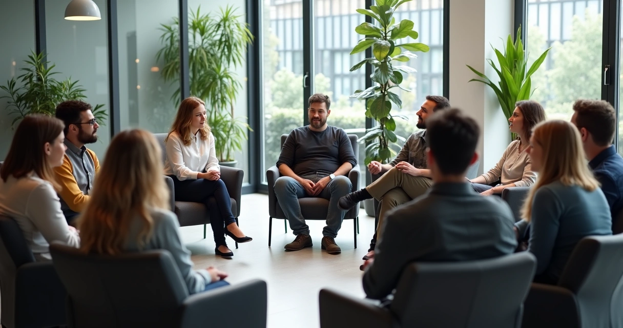 Pessoas reunidas em círculo conversando em um escritório 