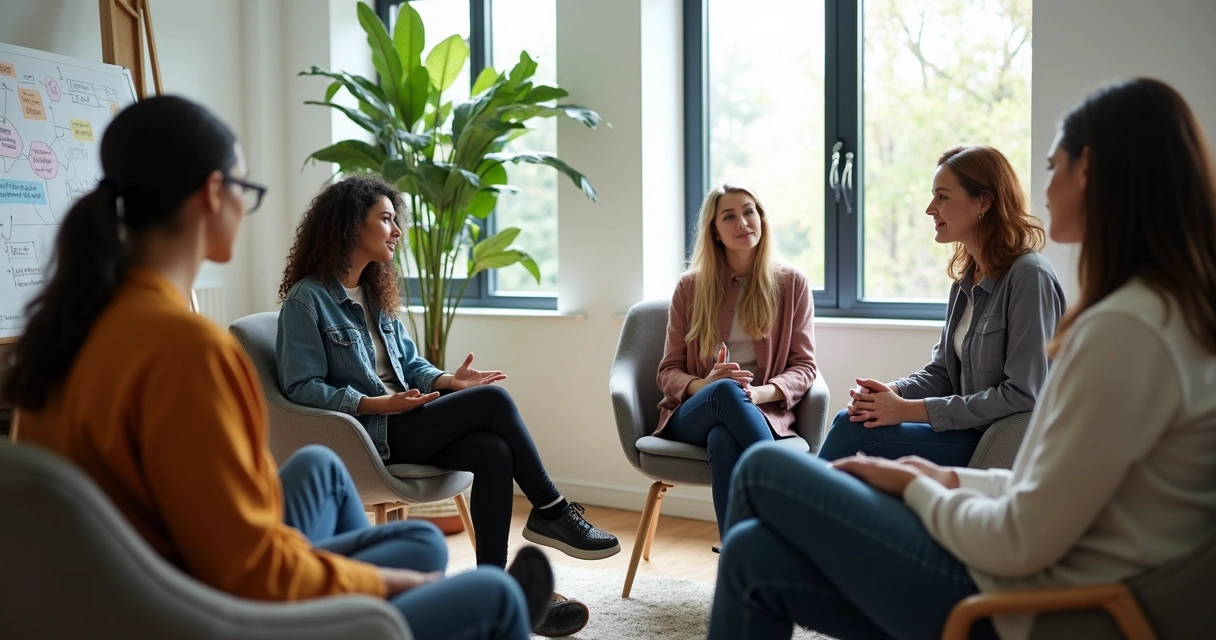 Grupo de pessoas sentadas em círculo, discutindo calmamente em ambiente iluminado. 