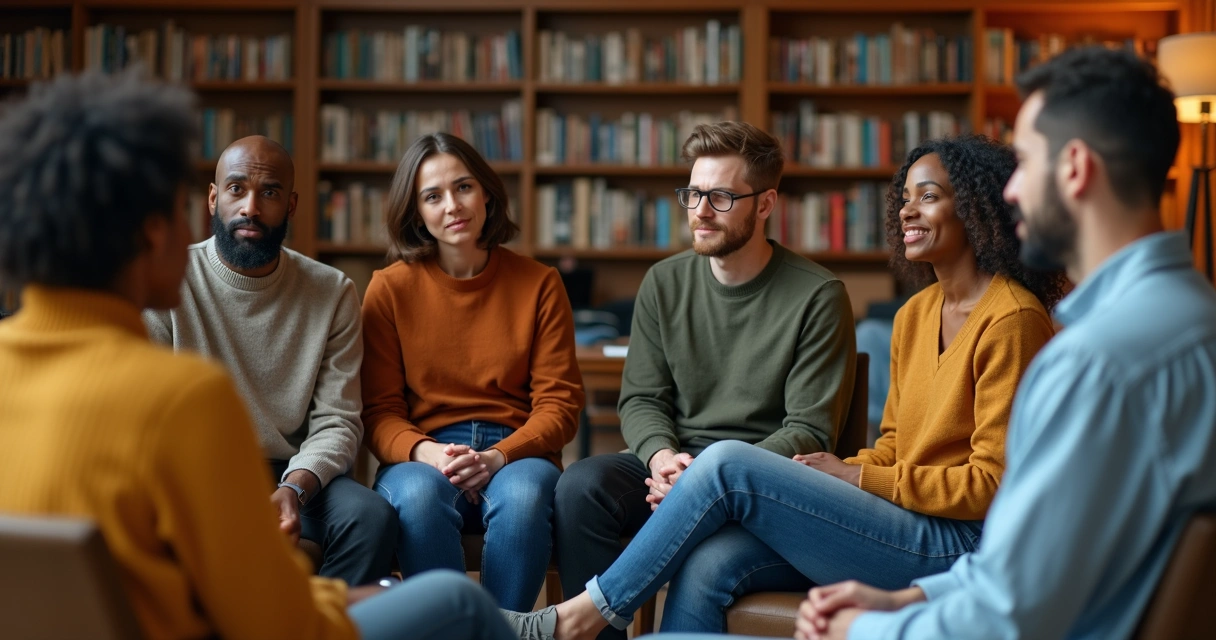Grupo sentado em roda discutindo emoções, expressões diversas no rosto