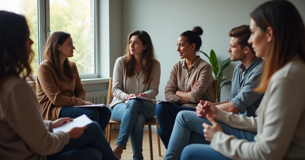 Grupo de pessoas discutindo sentados em círculo. 