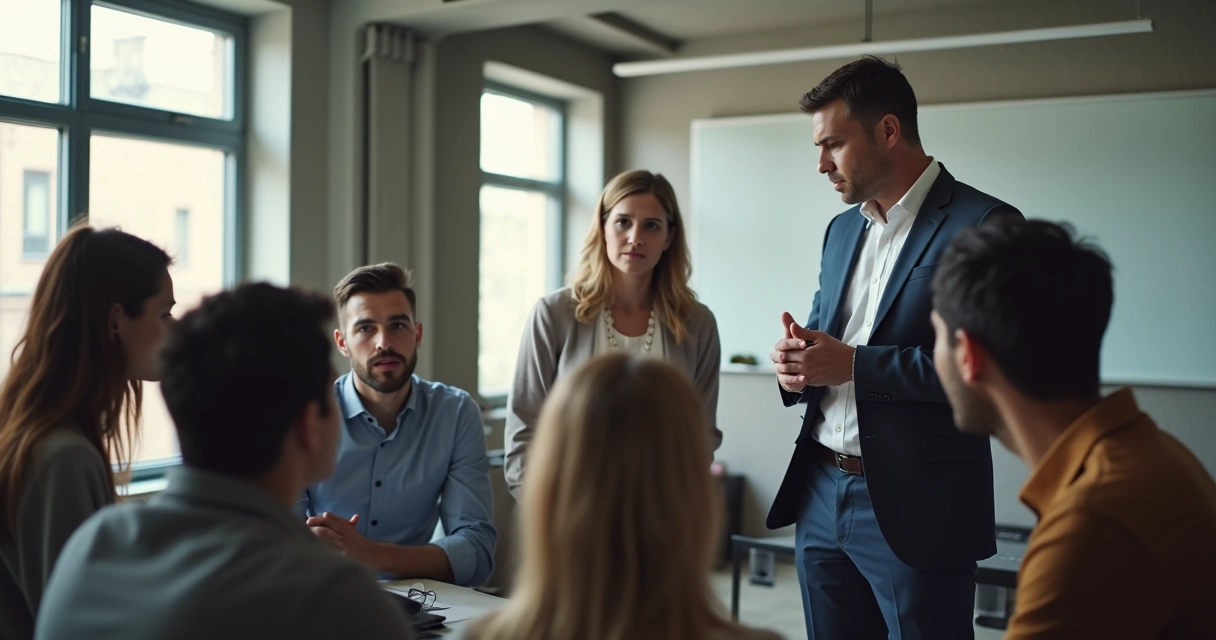 Líder falando aos membros de um grupo, alguns abaixam o olhar mostrando desconforto