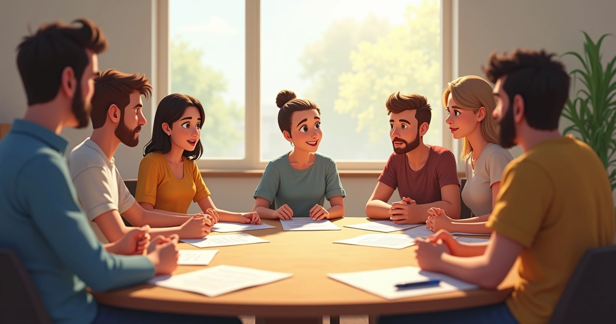 Grupo de pessoas sentadas em círculo debatendo ideias diferentes