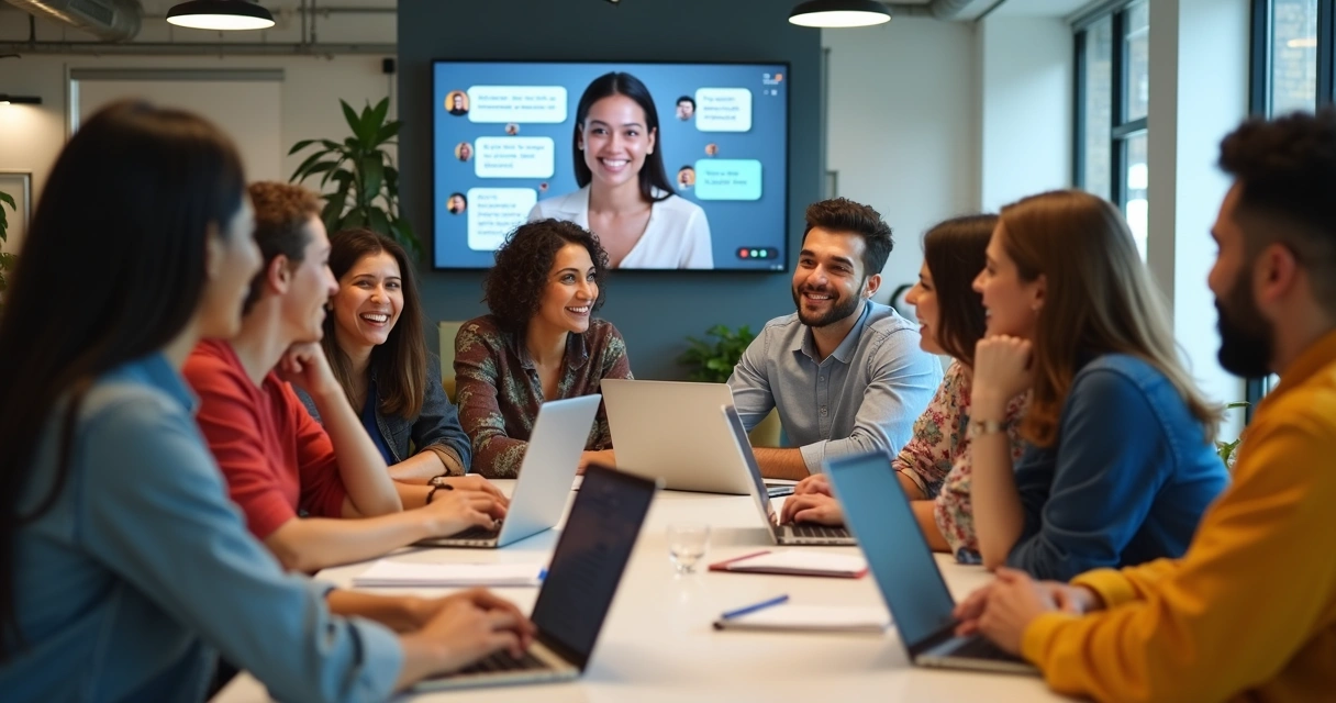 Grupo de pessoas de várias idades em uma videochamada, discutindo em laptops e sorrindo 