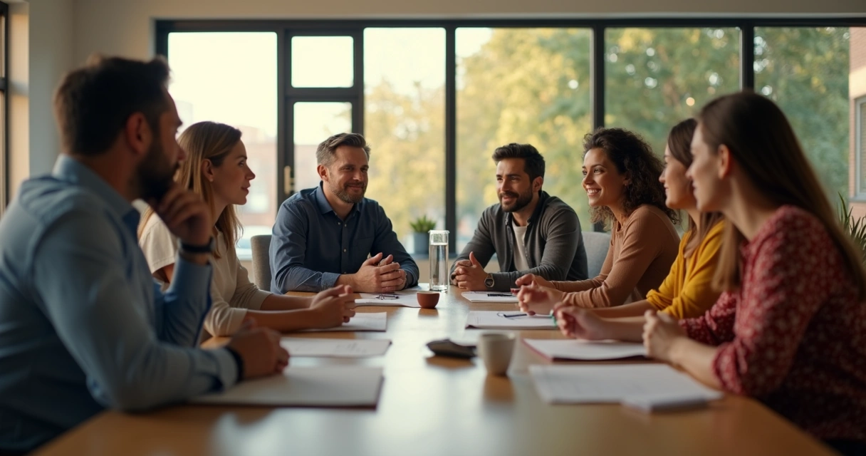Pessoas ao redor de mesa em reunião atentamente observando umas às outras 