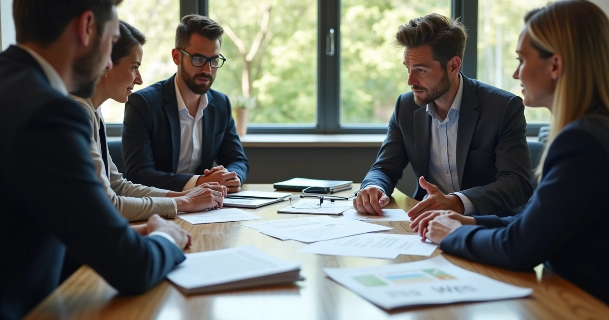 Grupo de profissionais analisando contrato de resíduos sólidos na mesa 