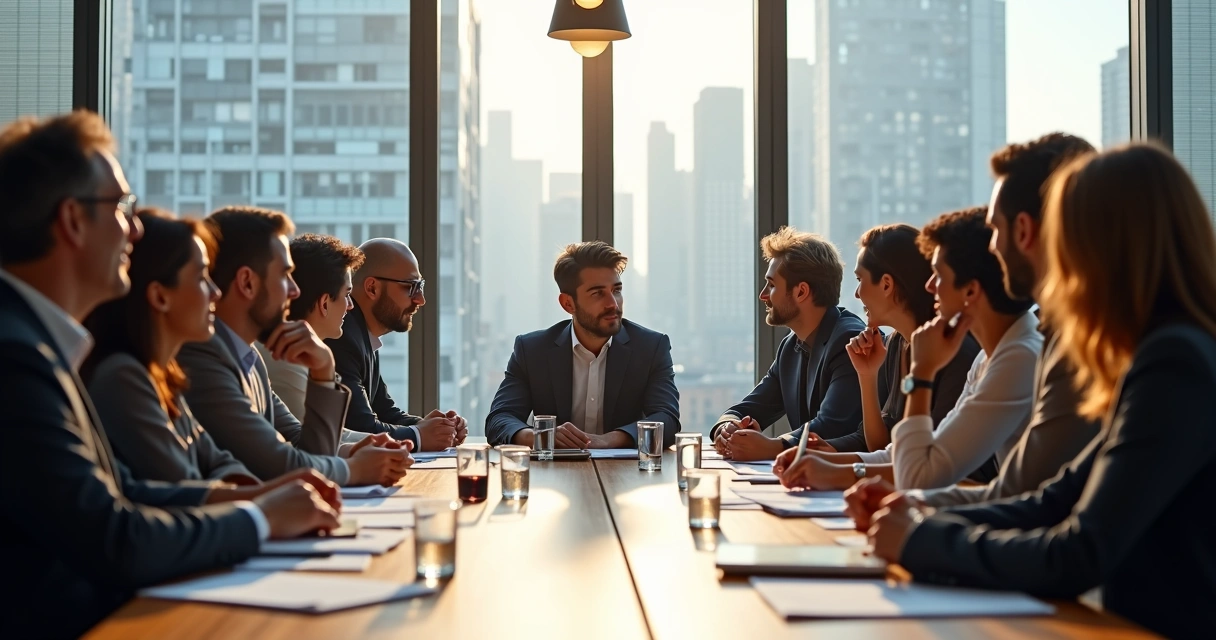 Grupo de pessoas discutindo decisões em sala moderna 