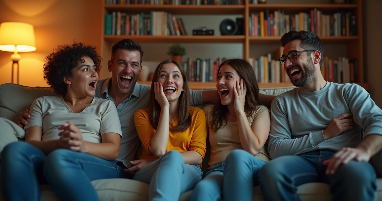 Grupo de amigos conversando animadamente em sala sobre um filme.