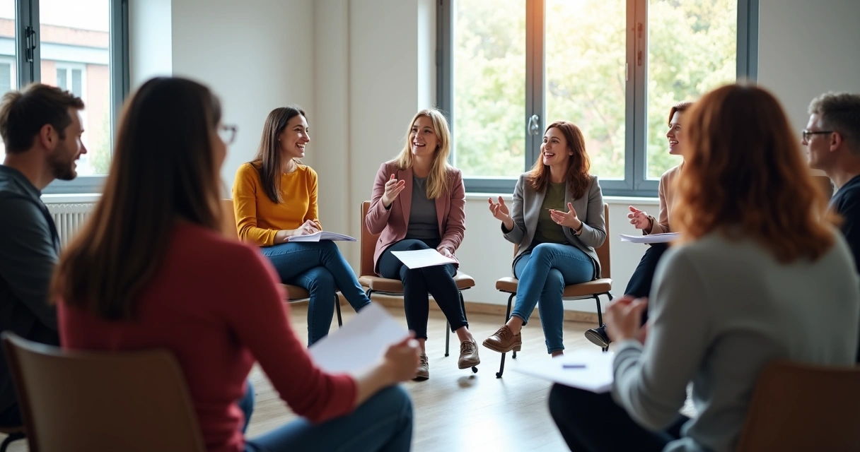 Grupo de pessoas em roda discutindo e firmando um acordo 