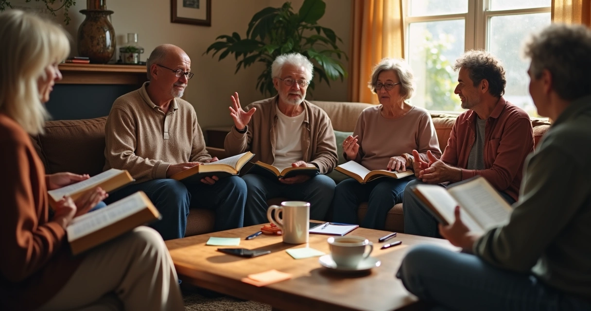 Grupo lendo e discutindo a Bíblia em uma sala aconchegante 