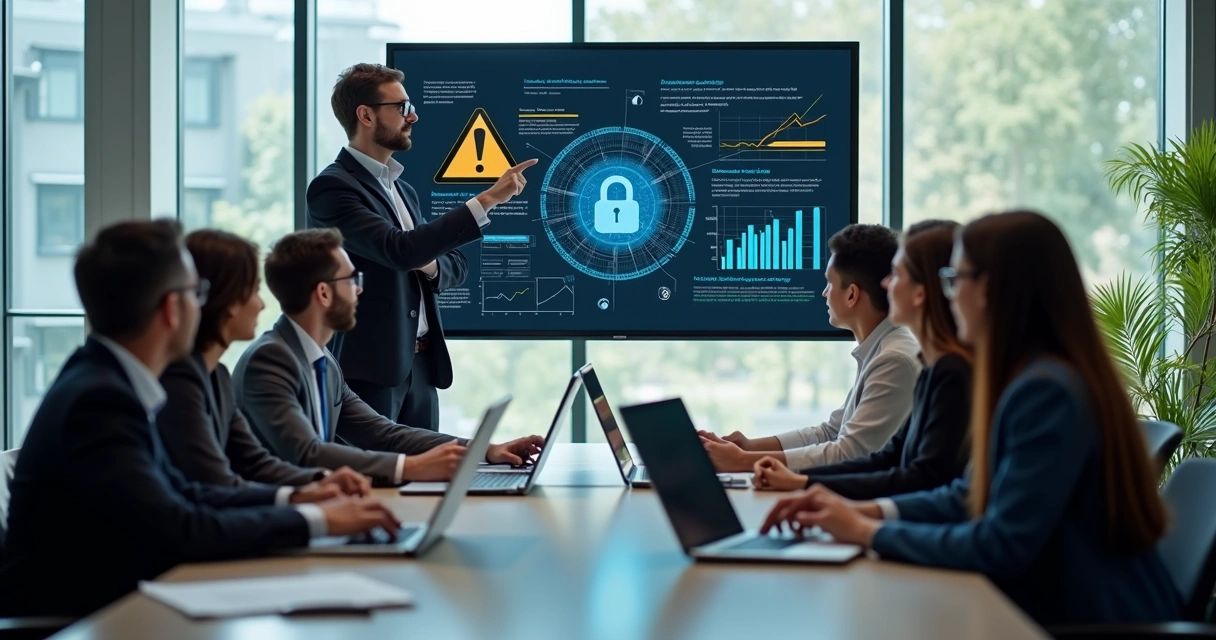 Grupo em escritório falando sobre cibersegurança