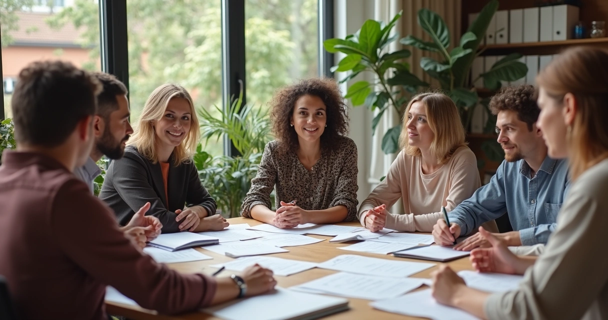 Grupo de pessoas discutindo ideias em volta de uma mesa