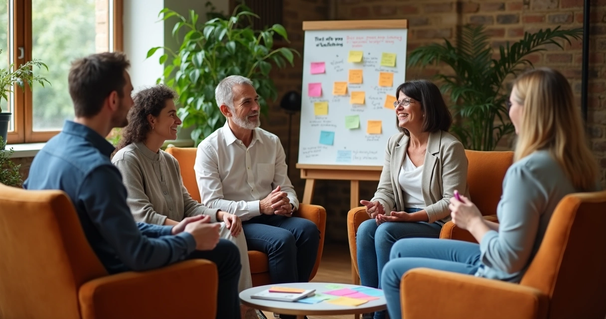Grupo de pessoas sentadas em círculo debatendo ideias em um ambiente aconchegante 
