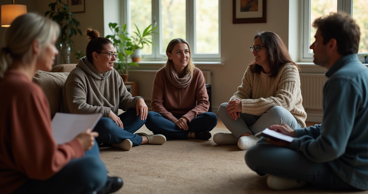 Grupo de pessoas dialogando em círculo, clima de apoio mútuo e reflexão. 