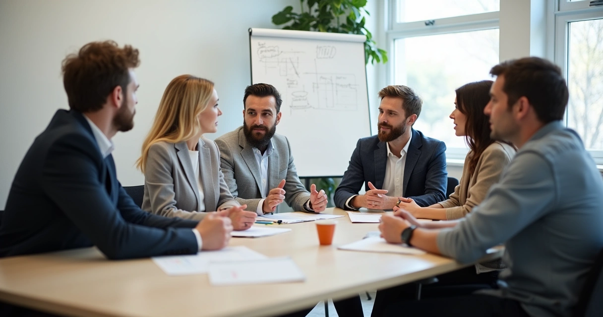 Grupo pequeno de adultos debatendo curso em sala iluminada, quadro branco ao fundo 