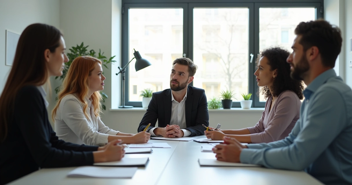 Grupo discutindo decisão ao redor de uma mesa