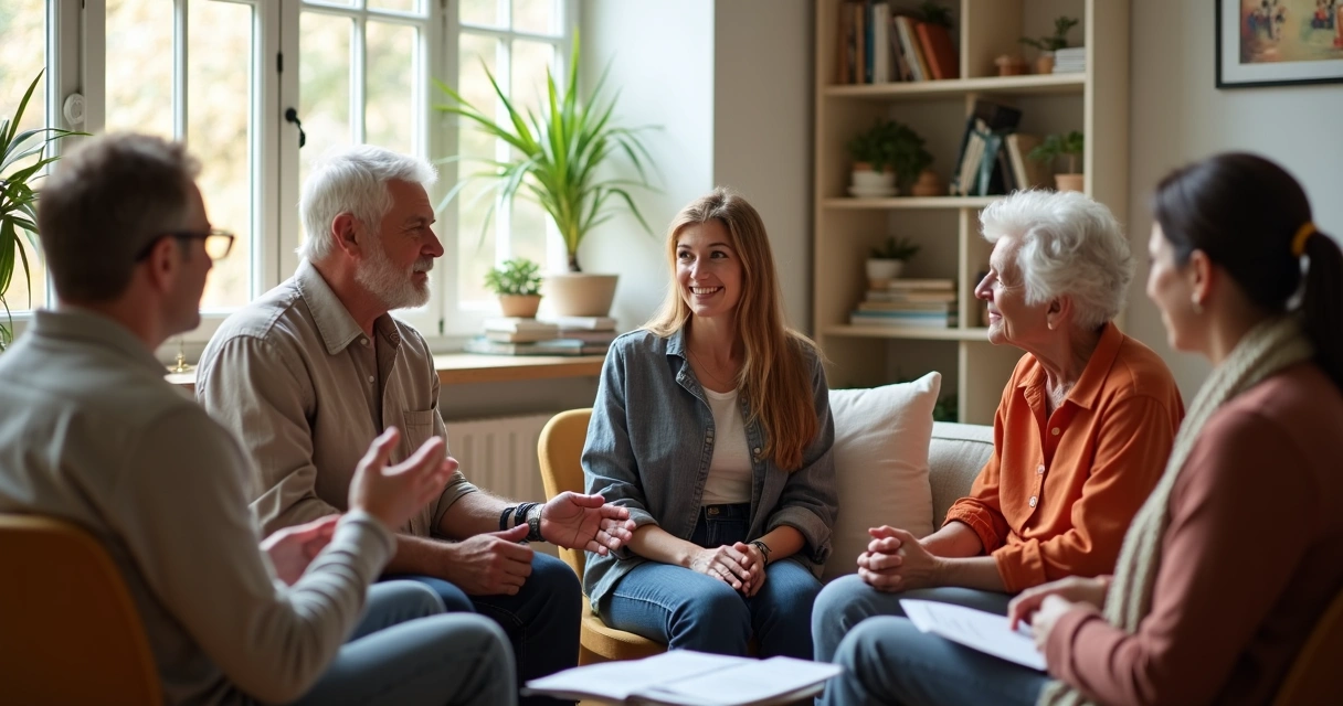 Grupo de pessoas sentado em círculo discutindo de forma respeitosa 