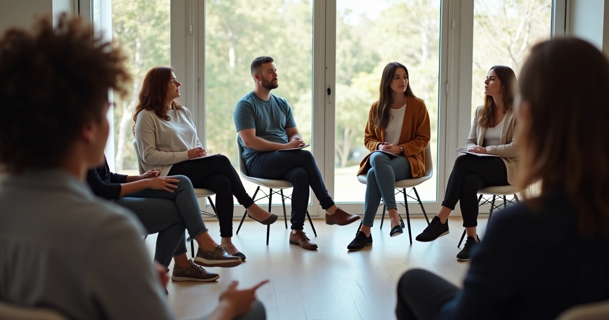 Grupo sentado em círculo, em silêncio, atmosfera de escuta atenta.