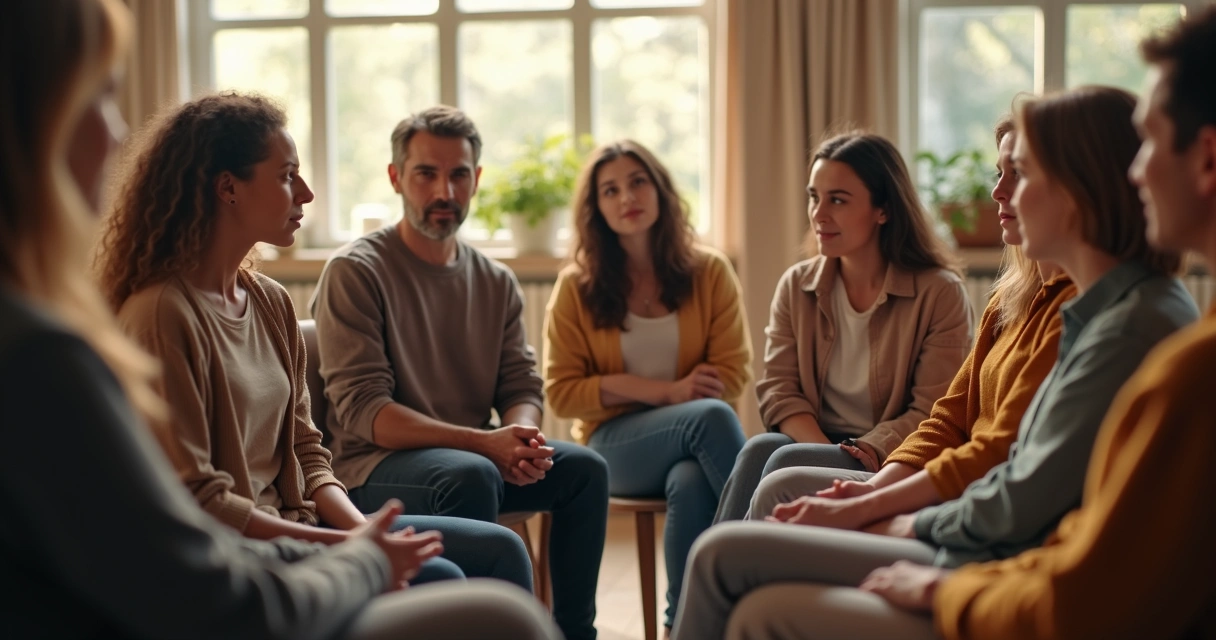 Grupo de pessoas sentadas conversando em círculo 
