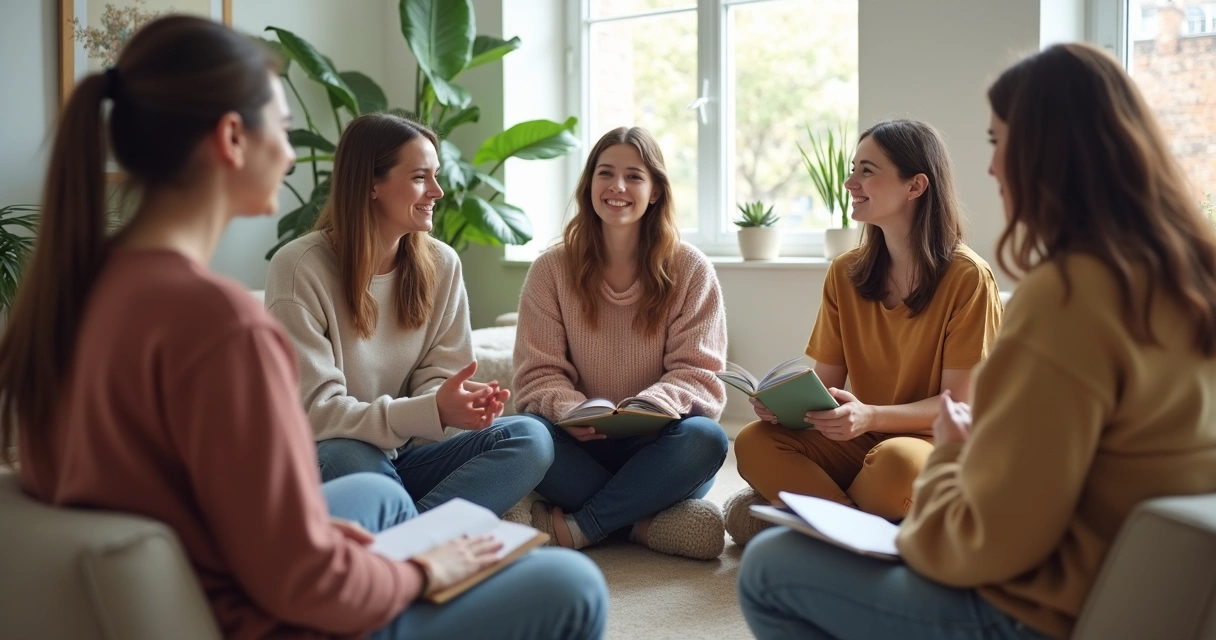 Grupo sentado em círculo conversando em um ambiente claro e arejado