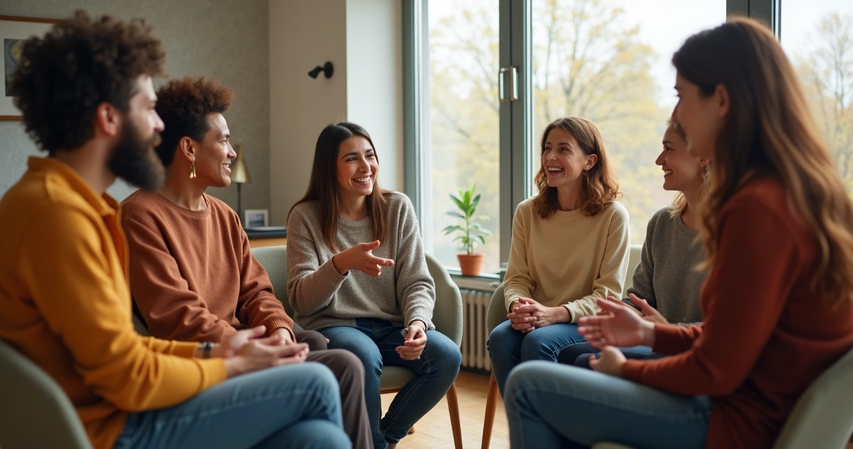 Grupo de pessoas de diferentes idades e origens sentados em círculo conversando de forma aberta