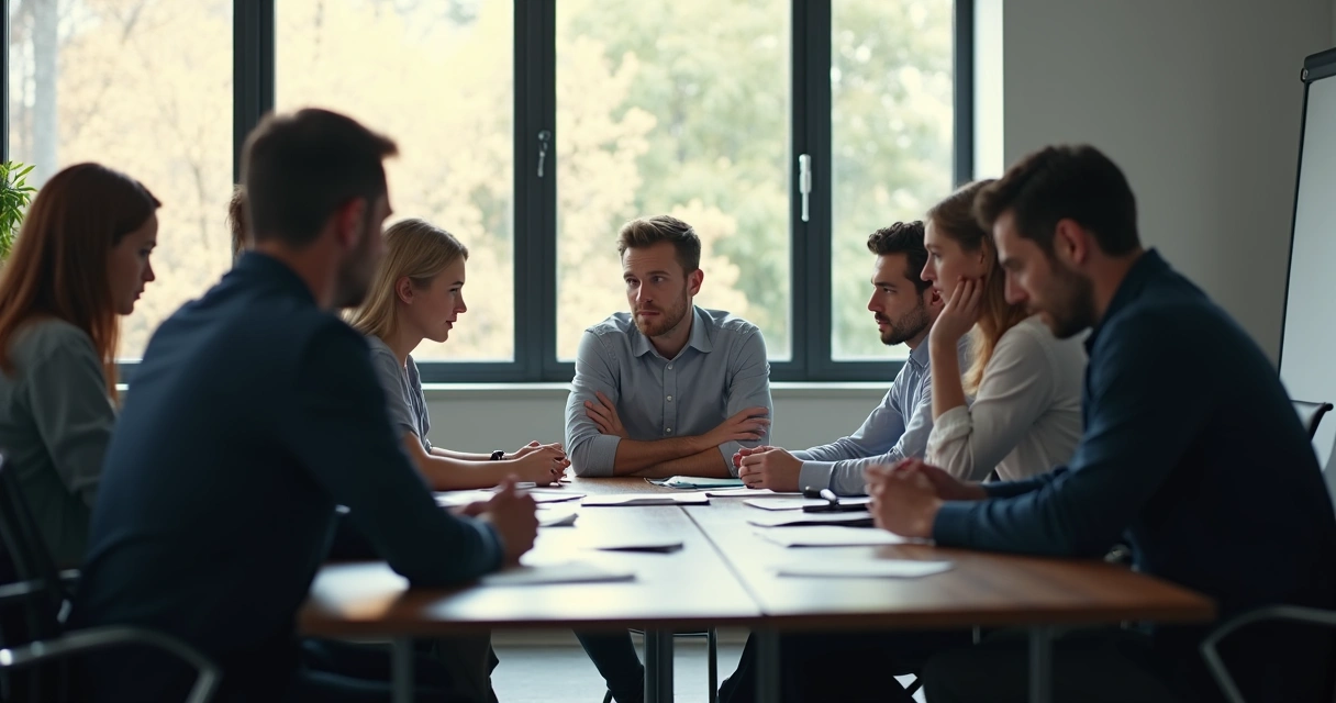 Colegas conversando em uma sala de reunião, demonstrando atenção e seriedade 