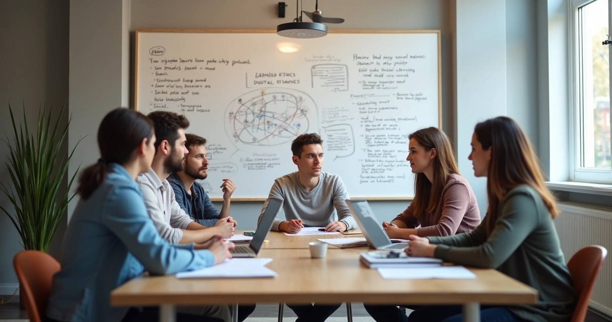 Grupo de pessoas debatendo ética digital em volta de uma mesa