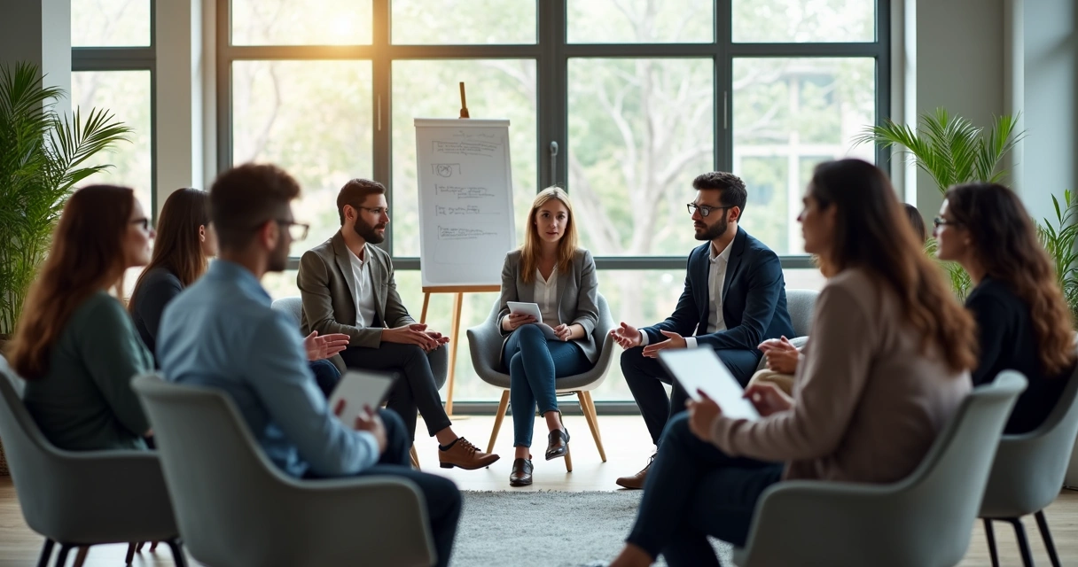 Grupo de pessoas sentadas em círculo debatendo tomada de decisão com mindfulness 