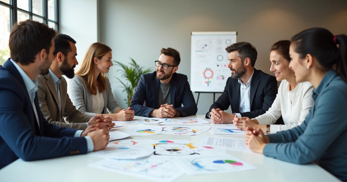 Equipe discutindo ao redor de uma mesa olhando para desenhos de círculos e flechas 