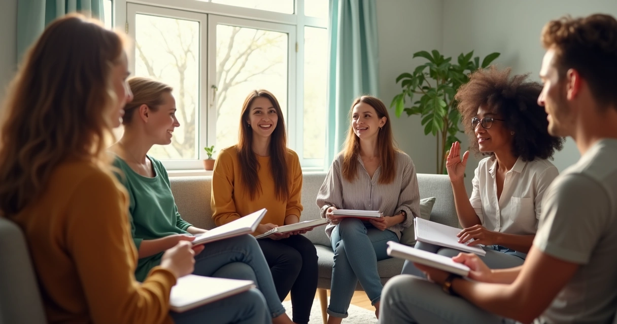 Pessoas sentadas discutindo padrões sociais em roda 